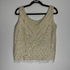 Vintage Alexander’s Hong Kong Beaded Sequin Fringe Evening Shell Top L